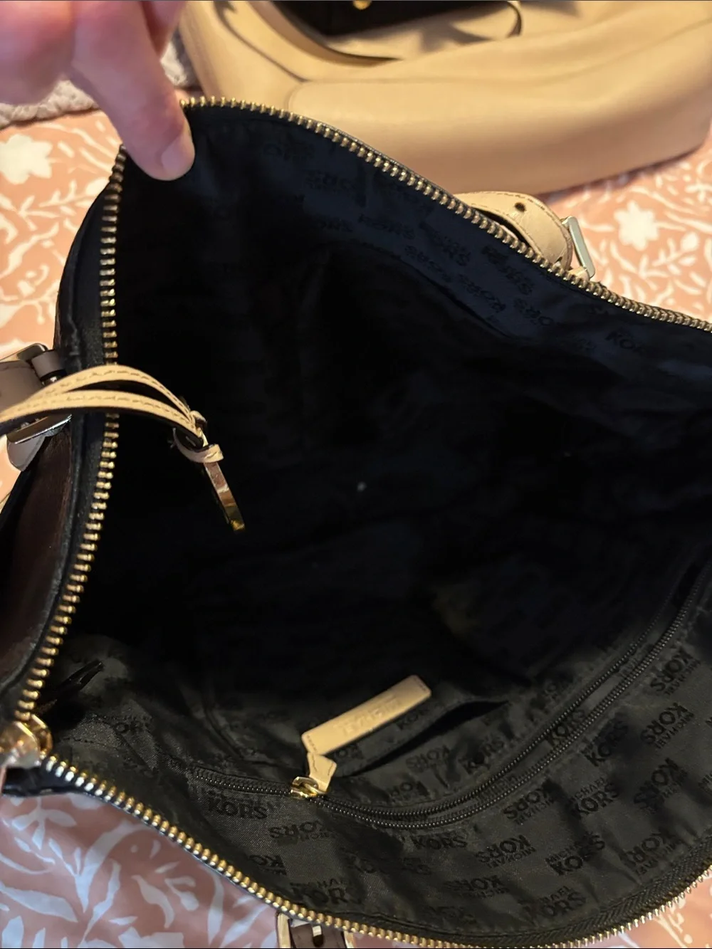 Michael Kors Black Pebbled Leather Tote with Light Beige Handles